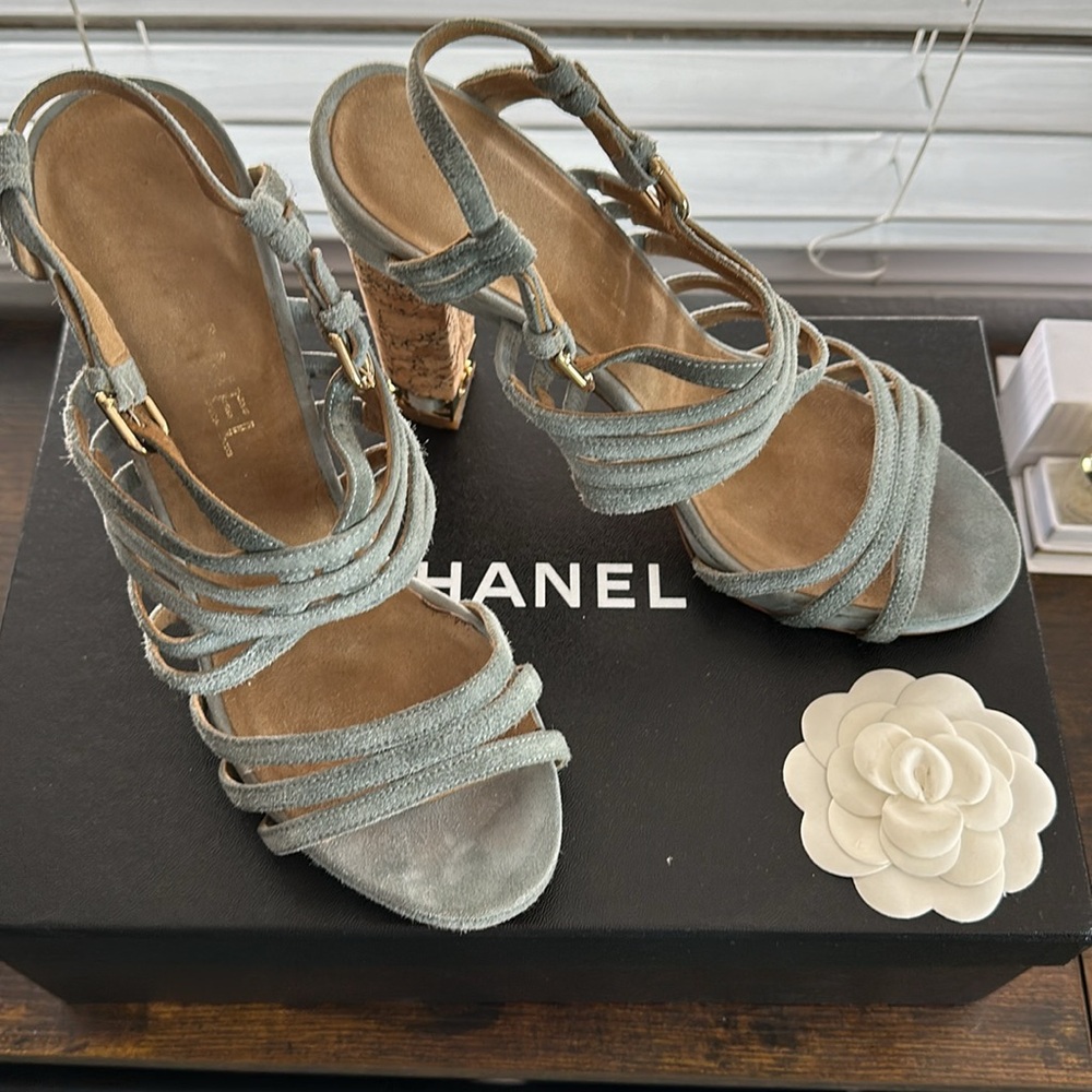 CHANEL Blue Suede Strappy Sandals Cork Heel With Gold Logo Size 38.5
